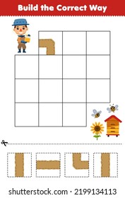 Education game for children build the correct way help cute cartoon honey farmer move to beehive and sunflower printable farm worksheet