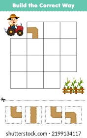 Education game for children build the correct way help cute cartoon farmer driving tractor move to corn field printable farm worksheet