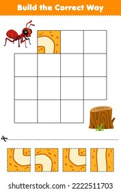 Education game for children build the correct way help cute cartoon ant move to wood log printable bug worksheet