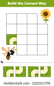 Education game for children build the correct way help cute cartoon bee move to sunflower printable bug worksheet