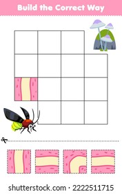 Education game for children build the correct way help cute cartoon firefly move to mushroom and stone printable bug worksheet