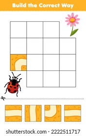 Education game for children build the correct way help cute cartoon ladybug move to flower printable bug worksheet