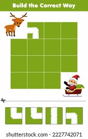Education game for children build the correct way help cute cartoon deer move to santa with sled printable winter worksheet