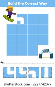 Education game for children build the correct way help cute cartoon boy playing snowboard move to finish line printable winter worksheet