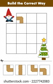 Education game for children build the correct way help cute cartoon gnome move to christmas tree printable winter worksheet