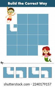 Education game for children build the correct way help cute cartoon diver move to mermaid printable underwater worksheet