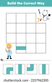 Education game for children build the correct way help cute cartoon doctor move to thermometer stethoscope medicine printable tool worksheet