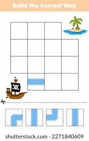 Education game for children build the correct way help cute cartoon ship move to island printable pirate worksheet