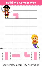 Education game for children build the correct way help cute cartoon pirate captain move to mermaid printable pirate worksheet