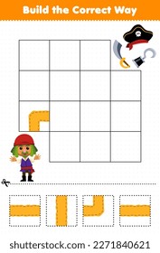 Education game for children build the correct way help cute cartoon man move to sword hat and hook printable pirate worksheet