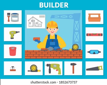 Education game for children. Builder. Match objects and professions. Preschool worksheet activity. Children funny riddle entertainment. Vector Illustration