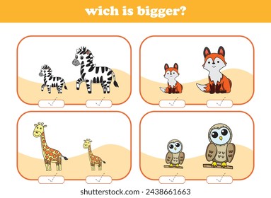 Education game for children choose the bigger picture of cute cartoon wild animals printable worksheet