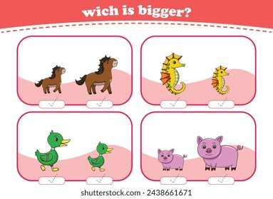 Education game for children choose the bigger picture of cute cartoon wild animals printable worksheet