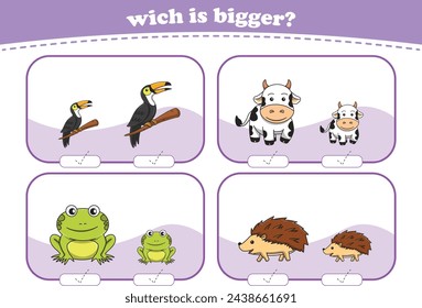 Education game for children choose the bigger picture of cute cartoon wild animals printable worksheet