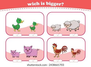 Education game for children choose the bigger picture of cute cartoon wild animals printable worksheet