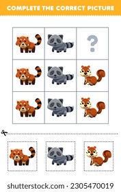 Education game for children to choose and complete the correct picture of a cute cartoon red panda raccoon or squirrel printable animal worksheet