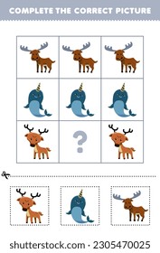 Education game for children to choose and complete the correct picture of a cute cartoon deer narwhale or moose printable animal worksheet
