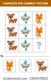 Education game for children to choose and complete the correct picture of a cute cartoon cat bird or dog printable animal worksheet