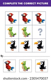 Education game for children to choose and complete the correct picture of a cute cartoon parrot parakeet or toucan printable animal worksheet