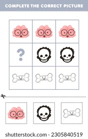 Education game for children to choose and complete the correct picture of a cute cartoon brain skull or bone printable anatomy worksheet