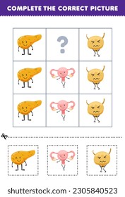 Education game for children to choose and complete the correct picture of a cute cartoon pancreas uterus or bladder printable anatomy worksheet