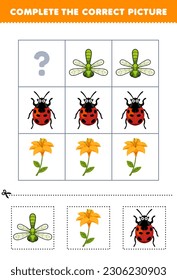 Education game for children to choose and complete the correct picture of a cute cartoon dragonfly flower or ladybug printable bug worksheet