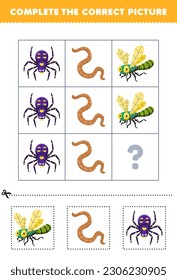 Education game for children to choose and complete the correct picture of a cute cartoon dragonfly worm or spider printable bug worksheet