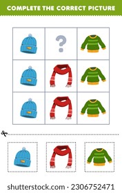 Education game for children to choose and complete the correct picture of a cute cartoon beanie hat scarf or sweater printable wearable worksheet