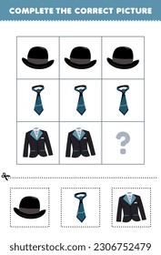 Education game for children to choose and complete the correct picture of a cute cartoon derby hat tie or suit printable wearable worksheet