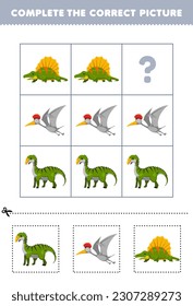 Education game for children to choose and complete the correct picture of a cute cartoon  green dino or flying dino printable dinosaur worksheet