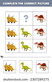 Education game for children to choose and complete the correct picture of a cute cartoon xenoceratops or spinosaurus printable dinosaur worksheet