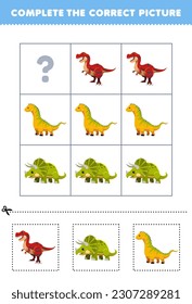Education game for children to choose and complete the correct picture of a cute cartoon tyrannosaurus triceratops or isisaurus printable dinosaur worksheet
