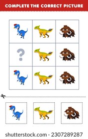 Education game for children to choose and complete the correct picture of a cute cartoon oviraptor leptoceratops or mammoth printable dinosaur worksheet