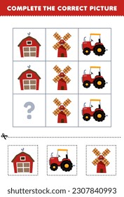 Education game for children to choose and complete the correct picture of a cute cartoon barn tractor or windmill printable farm worksheet