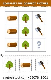 Education game for children to choose and complete the correct picture of a cute cartoon tree wood log or axe printable farm worksheet
