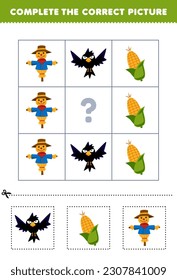 Education game for children to choose and complete the correct picture of a cute cartoon crow corn or scarecrow printable farm worksheet