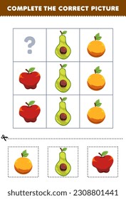 Education game for children to choose and complete the correct picture of a cute cartoon apple orange or avocado printable fruit worksheet