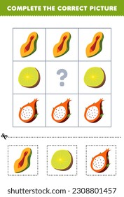 Education game for children to choose and complete the correct picture of a cute cartoon papaya kiwi or dragon fruit printable fruit worksheet