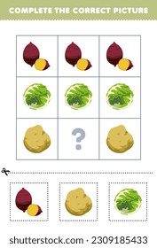 Education game for children to choose and complete the correct picture of a cute cartoon yam potato or cabbage printable vegetable worksheet