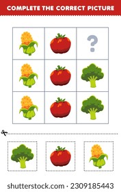 Education game for children to choose and complete the correct picture of a cute cartoon broccoli tomato or corn printable vegetable worksheet