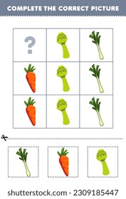 Education game for children to choose and complete the correct picture of a cute cartoon leek carrot or asparagus printable vegetable worksheet