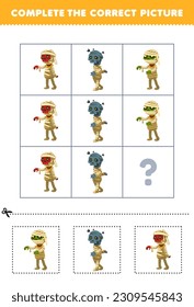 Education game for children to choose and complete the correct picture of a cute cartoon mummy costume printable halloween worksheet