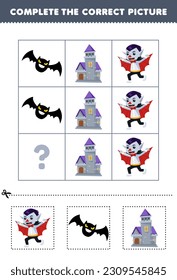 Education game for children to choose and complete the correct picture of a cute cartoon dracula bat or castle printable halloween worksheet