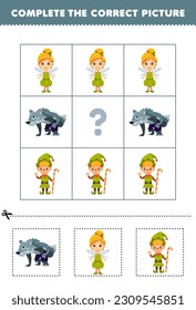 Education game for children to choose and complete the correct picture of a cute cartoon werewolf fairy or dwarf printable halloween worksheet