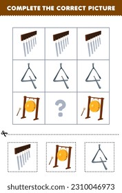 Education game for children to choose and complete the correct picture of a cute cartoon chimes gong or triangle printable music worksheet