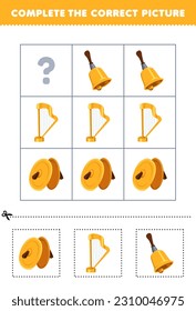 Education game for children to choose and complete the correct picture of a cute cartoon cymbals harp or bell printable music worksheet