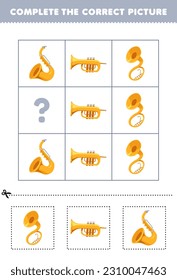 Education game for children to choose and complete the correct picture of a cute cartoon sousaphone saxophone or trumpet printable music worksheet