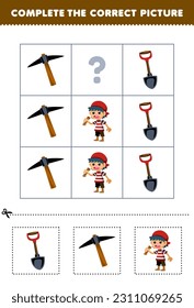 Erziehungsspiel für Kinder, um das richtige Bild einer süßen Cartoon-Shovelpickaxe oder eines Boy-Printable-Piratenblattes auszuwählen und zu vervollständigen