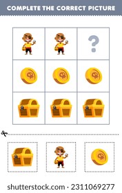 Education game for children to choose and complete the correct picture of a cute cartoon bald man treasure chest or gold coin printable pirate worksheet