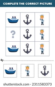 Education game for children to choose and complete the correct picture of a cute cartoon sailor ship or anchor printable profession worksheet